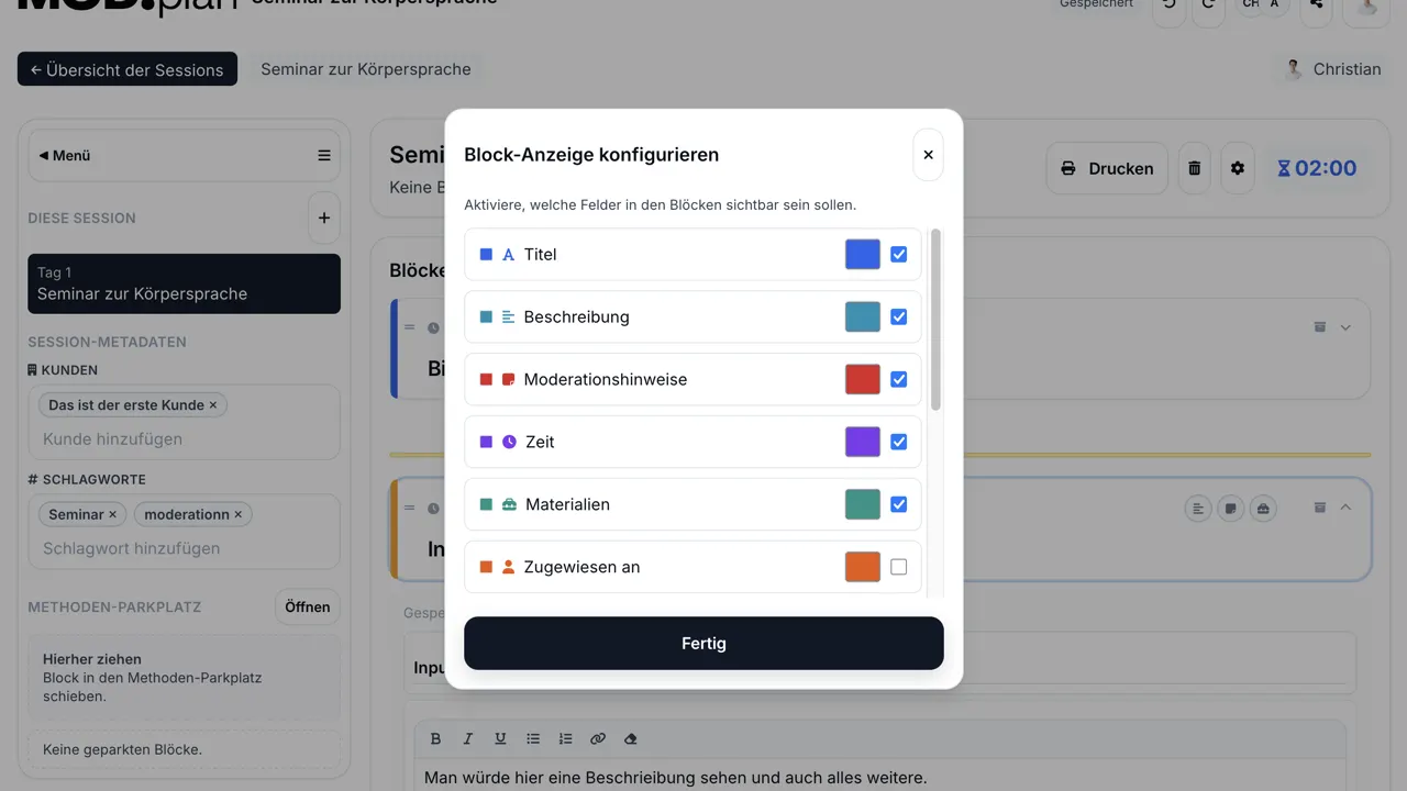 Session-Übersicht mit mehreren Formaten